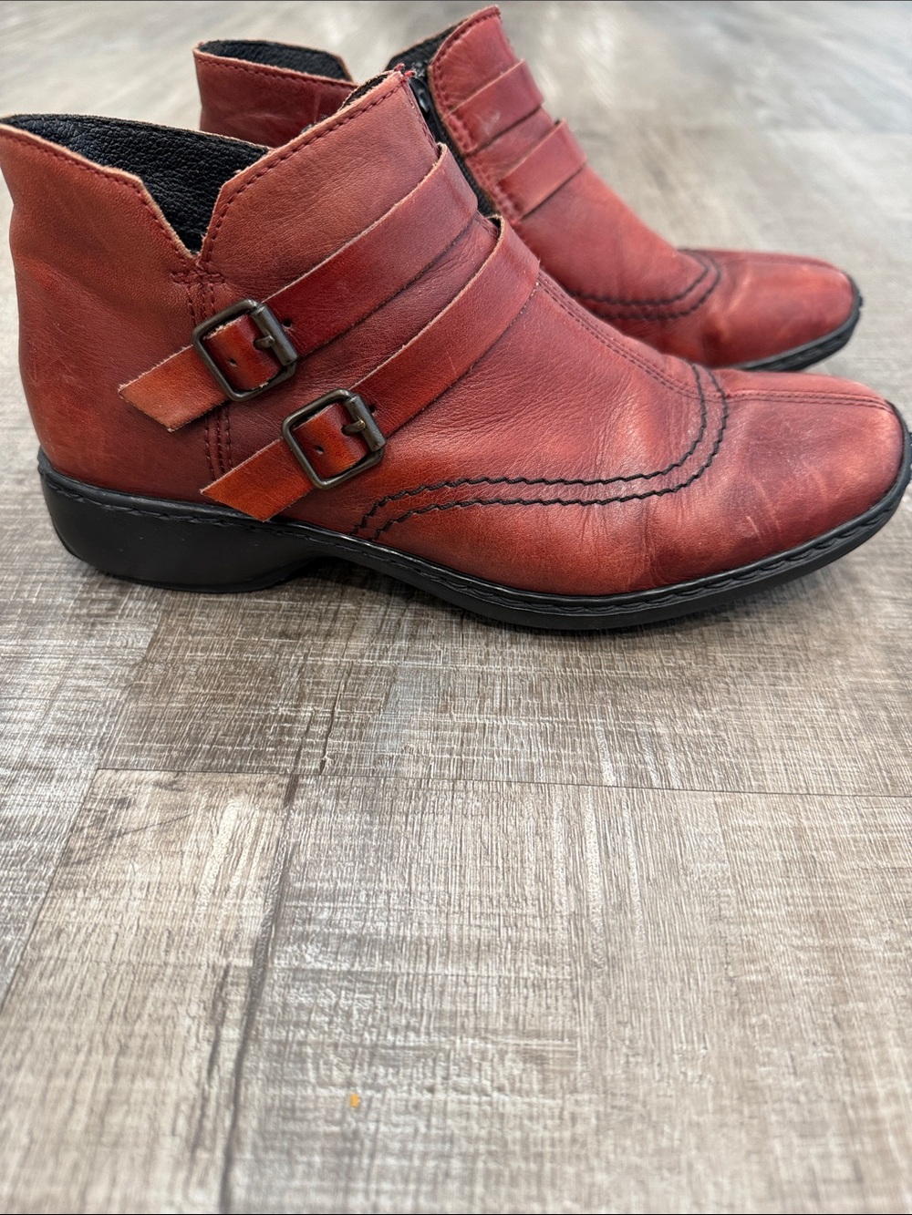 Rieker Red Leather Ankle Boots with Buckle Straps EU 37 US 6.5-7.